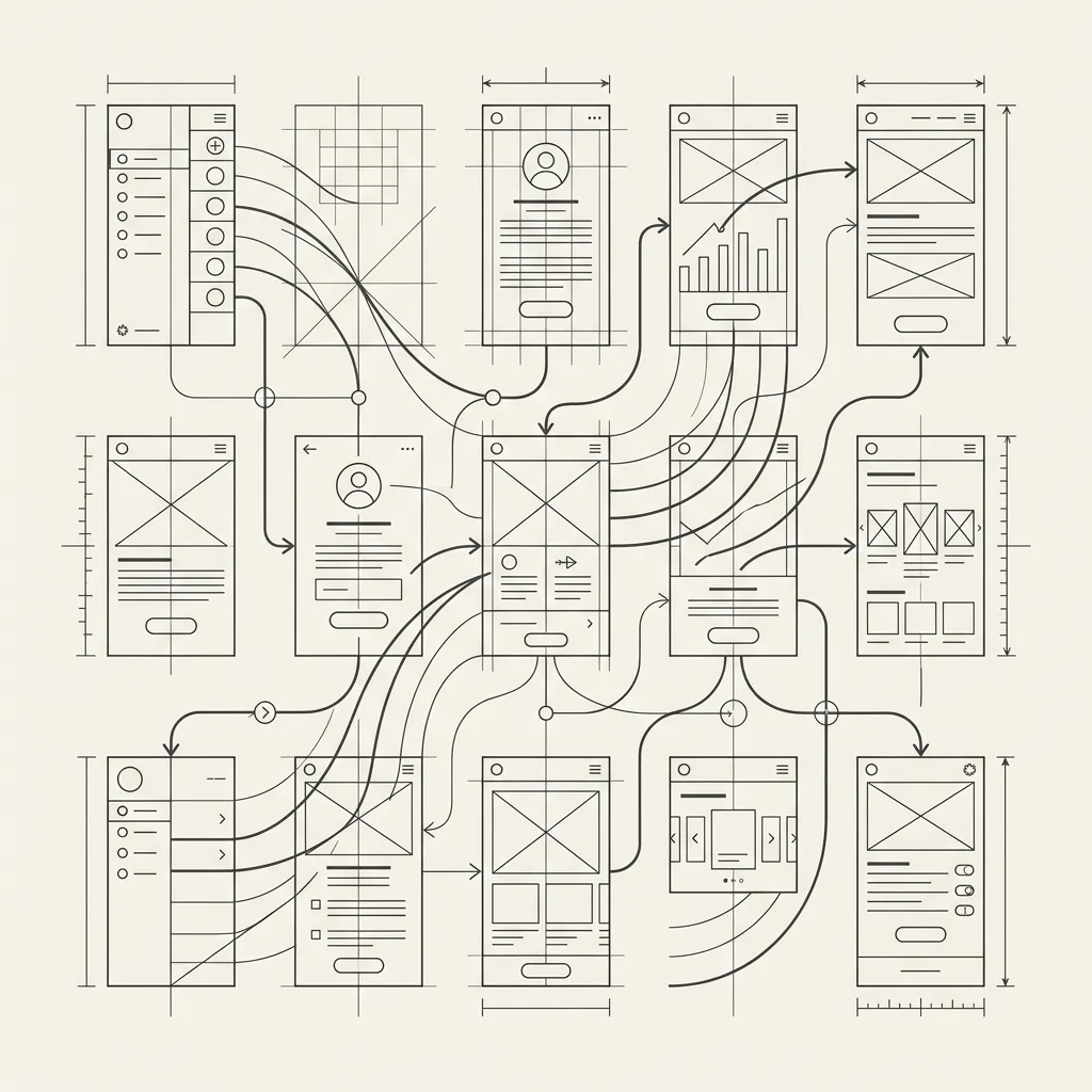 Schéma de wireframes et parcours d’interface utilisateur