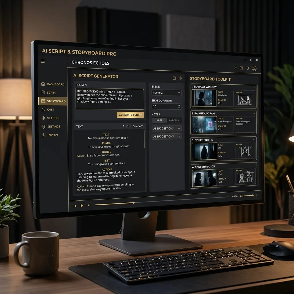 Interface d’outil IA avec prompts, paramètres et génération de contenus