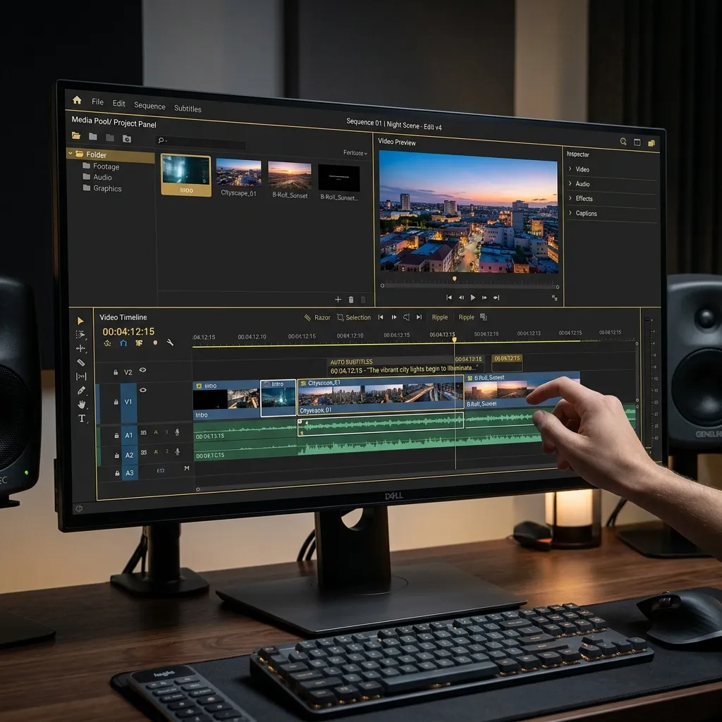 Timeline de montage vidéo manipulée pendant une production assistée par IA